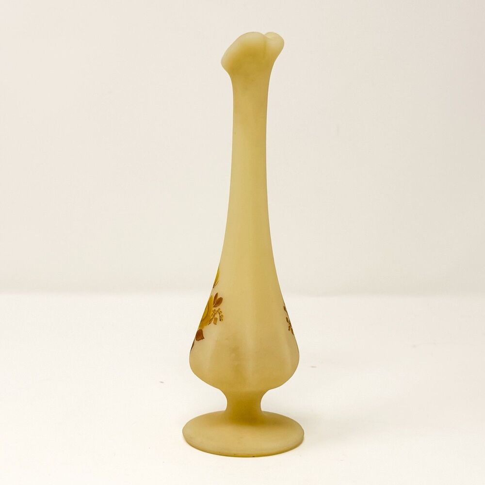 Vintage Fenton Custard Glass Swung Bud Vase Hand Painted Floral Signed 8” - Picture 3 of 6
